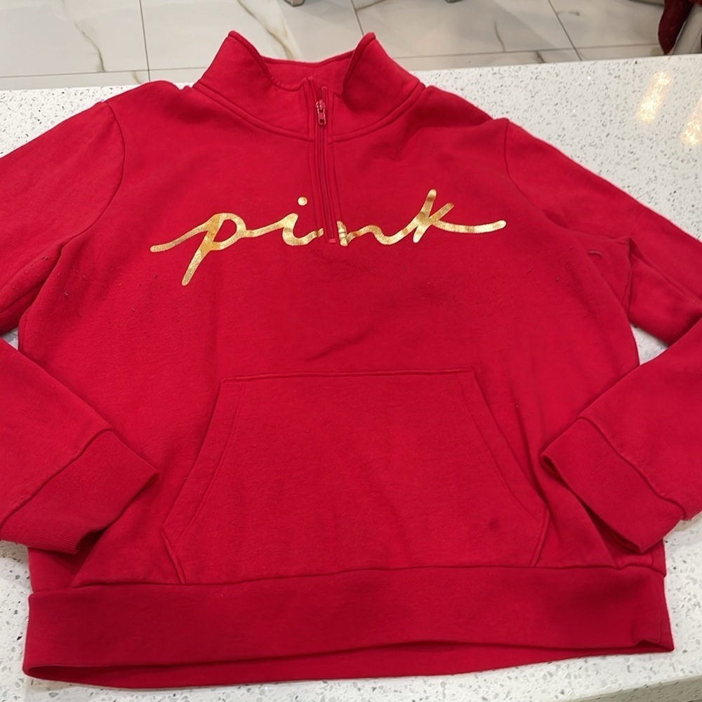 VICTORIA'S SECRET PINK FLEECE QUARTER-ZIP Red Sweater size large - Picture 4 of 8